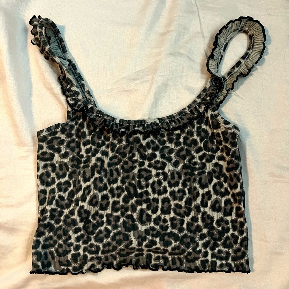 Cotton On Black and Cream Leopard Ruffle Crop Tank